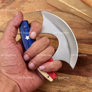 Texas Flag Ulu Chef <b>Knife</b> Damascus Steel Blade Wood <b>Handle</b> Leather Sheath Industrial Novelty Ambidextrous Polished Finish - Product Image 4