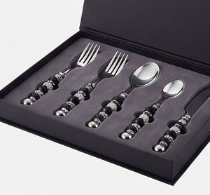 Ensemble de couverts élégants en acier inoxydable avec manches perlés noirs, compatibles lave-vaisselle, pour table de mariage, couverts plaqués argent - Product Image 6