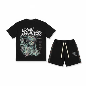 Custom Streetwear Applique Boxy Heavyweight Two Piece <b>Shorts</b> Set Screen Printing Tee Distressed <b>Patch</b> T Shirt and <b>Shorts</b> Set - Product Image 2