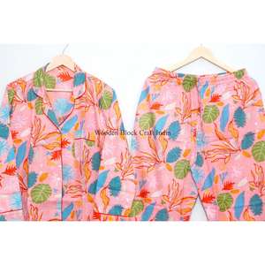 Ensemble de pyjama long élégant pour femme, printemps-été, à porter au quotidien, en coton respirant, doux, de haute qualité, imprimé à la main - Product Image 6