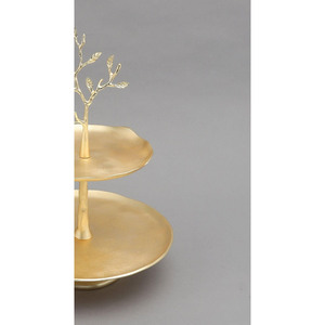 Elegant Two-<b>Tier</b> Gold <b>Cake</b> Stand Featuring Wavy Trays And An Artistic Tree Branch Handle Accent On Top For Serving & Decoration - Product Image 4
