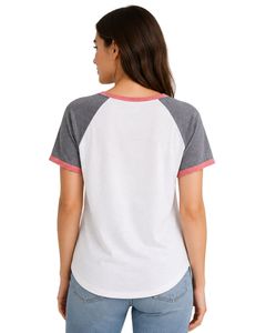 Camiseta raglán blanca, gris jaspeado y rosa para mujer, informal, con cuello redondo, manga corta, mezcla de algodón suave, para uso diario, moda de verano. - Product Image 2