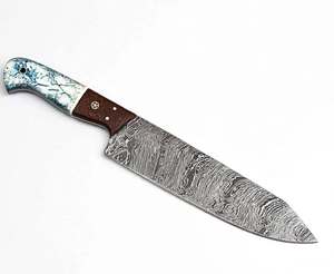 Handcrafted Damascus Steel Kitchen Chef Knife Blue White Marbled Resin <b>Wood</b> Handle <b>Slicing</b> Knife - Product Image 6