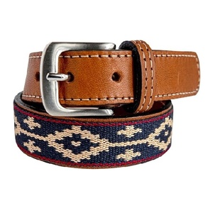 Men's <b>Elastic</b> Webbing Leather <b>Belt</b> with Brass Antique Buckle Designer Green Recycled Webbing <b>Belt</b> with Leather - Product Image 1