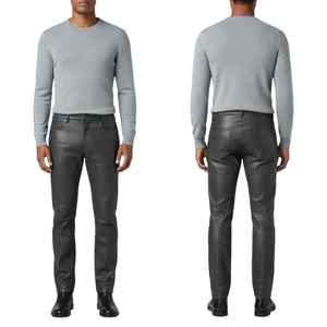 Olive Green PU Coated Straight Fit Casual Trousers Mid Waist Full Length With Pockets For Adults Autumn Wear - Product Image 3