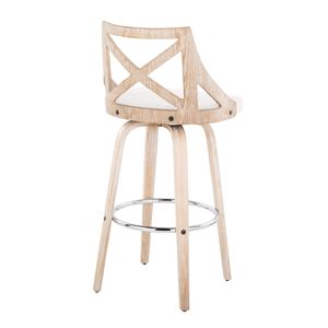 Sgabello da bar Charlotte da 30 pollici a altezza fissa con seduta girevole in tessuto color crema e poggiapiedi in metallo cromato, stile rustico in legno bianco anticato - Product Image 4