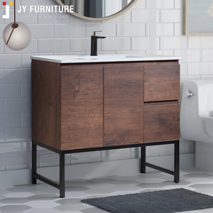 Meuble-lavabo de salle de bain autoportant moderne personnalisé JY Vietnam, en bois et MDF de luxe, avec miroir et vasque en céramique - Product Image 3