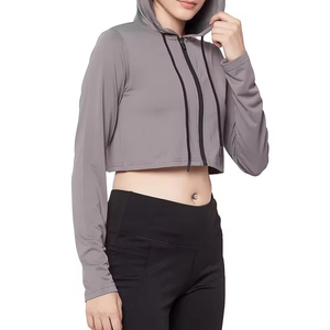 เสื้อฮู้ดครอปสีเทาสำหรับผู้หญิง แขนยาว มีซิปด้านหน้า สีพื้น ระบายอากาศได้ดี เสื้อสเวตเตอร์ถัก ใส่ได้ในฤดูร้อน - Product Image 5
