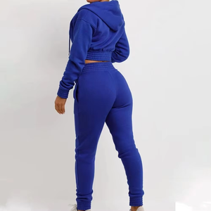 Women's Blue Hooded Cropped Sweatshirt <b>Set</b> Full Length Skinny Joggers Casual 2 Piece <b>Knitted</b> Cotton Sportswear - Product Image 2