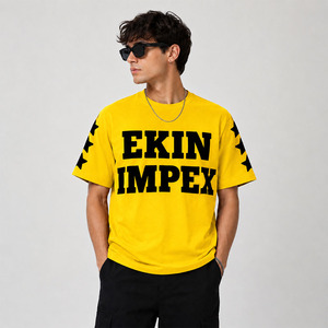 T-shirt Jaune Oversize Personnalisé 240 GSM Coton Lourd Impression Gonflée Streetwear T-shirt Graphique Homme Fabricant de Vêtements OEM ODM - Product Image 3
