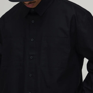 Heavyweight Men's Premium <b>Black</b> Poplin Full <b>Sleeve</b> Turn-down Collar Loose Fit Solid Summer Plus Size Button Down <b>Crop</b> Boxy Shirt - Product Image 3