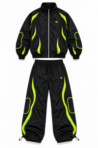Ensemble de survêtement coupe-vent colorblock noir et vert néon personnalisé, haute visibilité, avec veste zippée à panneaux incurvés et pantalon ample, vêtements de sport - Product Image 3