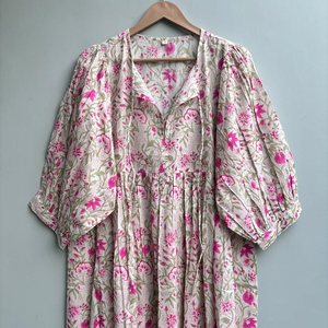 เดรสลำลองผู้หญิง ผ้าทอ 100% คอตตอน ลายพิมพ์ดอกไม้/สีพื้น แขนสั้น เอวทรงเอ็มไพร์ ทรงเบบี้ดอลล์ โอเวอร์ไซส์ คอวี ทรงหลวม - Product Image 4