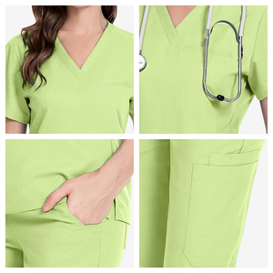 Ensemble de blouses médicales pour femmes, bleu clair, col en V, pantalon droit, extensible, confortable, avec poches, uniforme, logo personnalisé, vente en gros, faible MOQ, haut de gamme - Product Image 2