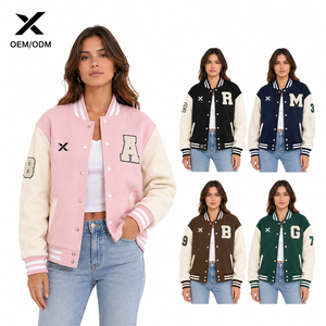 Chaqueta Varsity para Mujer, Color Sólido, Manga Larga, Cuello Camisero, Diseño con Letras Bordadas, para Otoño, ODM, Logotipo Personalizado en la Parte Delantera - Product Image 1