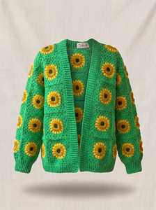 Women's Crocheted Floral <b>Cardigan</b> Full Sleeve O-Neck Bohemian Style 100% Acrylic Open Stitch Regular Length - Product Image 3