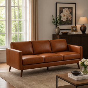 Modern Genuine Leather Three Seat <b>Sofa</b> With Wood Legs Tight Back Square Arms Midcentury Living Room Furniture Leather <b>Sofa</b> - Product Image 1
