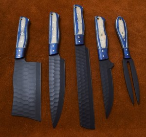OEM Custom Handmade Stainless Steel 5 Pieces Black Powder Coted Chef <b>Knife</b> <b>Set</b> With Wooden Handle & With Leather Sheath - Product Image 4