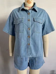 Conjunto de Dos Piezas de Mezclilla Casual Vintage para Mujer de Primavera, Camisa sin Mangas de Corte Regular con Bolsillos y Pantalones Cortos Ecológicos - Product Image 5