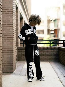Chándal negro con capucha para hombre, con cremallera frontal completa, estampado de letras, estilo urbano, corte holgado, de algodón, para otoño - Product Image 5