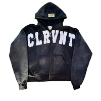 Hoodie Pria Custom Logo Ramah Lingkungan, Cetak Flock Acid Wash Oversized Street 100% Katun Mewah, Kerah Zip-Up, Saku, MOQ Rendah