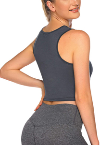 Top corto sin mangas gris oscuro con nudo frontal para mujer, camiseta de yoga y entrenamiento, top corto liso para mujer - Product Image 3