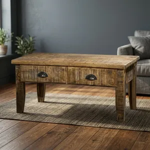 Table console rustique en bois massif avec deux tiroirs, meuble de rangement pour le salon, décoration intérieure - Product Image 6