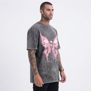 T-shirt vintage délavé à l'acide pour homme, 100 % coton tissé, motif papillon et crâne, manches courtes, col rond, sérigraphie, coupe classique, longueur complète - Product Image 4