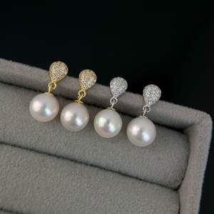 Boucles d'oreilles en perles de manta rose sans noyau, argent 925, perles d'eau douce rondes de 8 à 9 mm, incrustées de zircon diamant sans défaut, design élégant - Product Image 2