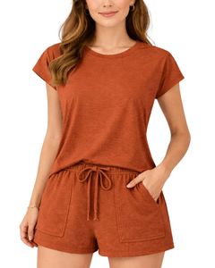 Ensemble de salon pour femmes orange rouille, t-shirt à manches courtes et short, ensemble de pyjama décontracté d'été, coton respirant doux, tenue en deux pièces - Product Image 1