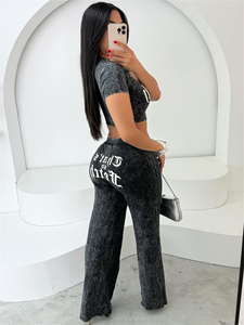 Women Vintage Washed Flare Pants Set Custom Logo Tracksuit Two Piece Outfit Crop Top <b>Bell</b> Bottom Pants Fashion Streetwear Set - Product Image 3