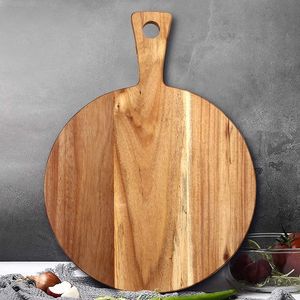 Best Quality Round <b>Shape</b> Sustainable Durable Anti-Slip <b>Pizza</b> Fruit Chopping Block Acacia Mango Wood Handle for Serving <b>Pizza</b> - Product Image 1