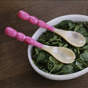 Ensemble de service à salade en mélamine beige, motif corne, cuillère et fourchette à long manche, poignée texturée rose, ustensile de service pour cuisine et table - Product Image 4