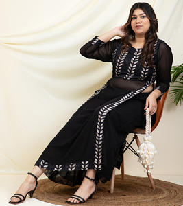 DEEBACO Women's Casual Plus Size Floral Rayon Ankle Length Tunic & Trouser Cord <b>Set</b> with <b>Embroidery</b> Western Style - Product Image 3