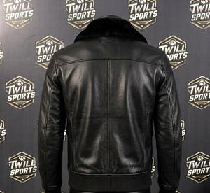 Men's Genuine Leather Bomber <b>Jacket</b> Stand Collar Waterproof Windproof Winter Moto Style Zipper Closure Regular Fit Front Logo - Product Image 3