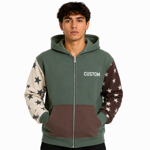 Wholesale Star Sleeve Color Block Hoodie Custom Logo Full Zip Contrast Panel Graphic Zipper Hoodies Private <b>Label</b> Manufacturer - Product Image 1