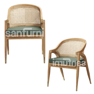 Contemporary Solid Teak Wood <b>Chair</b> with Natural Rattan Woven Backrest and <b>Comfortable</b> Cushion for Home - Product Image 5