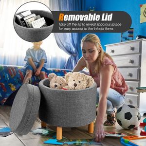 Round Bedroom <b>Storage</b> Ottoman <b>with</b> Tray and Non-Slip Pads Fabric <b>Stool</b> & Ottoman - Product Image 2