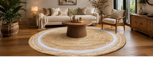 Tapis rond en jute tissé à la main, beige naturel, blanc, style bohème, tapis rustique pour chambre à coucher, fibre naturelle, taille personnalisée, tapis de sol - Product Image 3