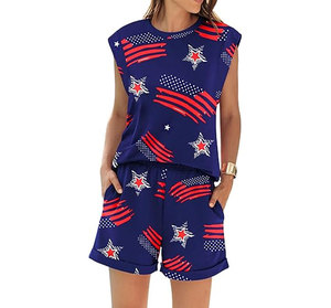 Conjunto de pantalones cortos de 2 piezas para mujer, sin mangas, con cuello redondo, estampado de estrellas y rayas, informal, holgado, traje de verano con bolsillo - Product Image 4