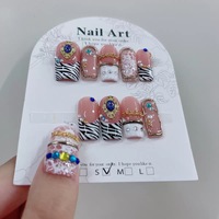 Kuku Palsu Buatan Tangan Custom Grosir Motif Zebra French Tip Berwarna-warni Hiasan Permata Rhinestone Rantai Logam Dapat Digunakan Kembali Full Cover Nail Art