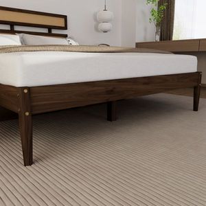 Struttura letto king size in stile bohémien, finitura in legno di noce scuro verniciato, testiera doppia in rattan e legno di pino, finitura in legno di noce scuro verniciato - Product Image 4