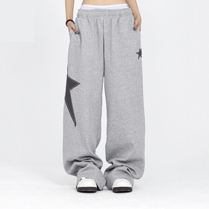 <b>Women</b> Gray Wide Leg <b>Sweatpants</b> With Black Star Applique Loose Fit Elastic Waist Casual Autumn Pants - Product Image 2