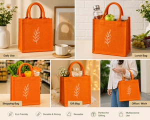 กระเป๋าช้อปปิ้งผ้ากระสอบสีส้มลายใบไม้ ขนาดเล็ก สะพายมือ ใช้ได้ทุกวัน - Product Image 3