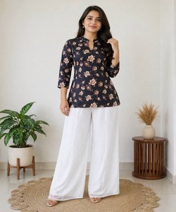 FANCY RAYON DIGITAL PRINT WORK <b>TOP</b> PALAZZO SET OFFICE WEAR WHOLESALE PRICE ETHNIC GARMENT BLUE WHITE - Product Image 1