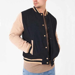OEM Manufacturer Custom Letterman Varsity <b>Jacket</b> for Men High Street Style with Chenille Embroidery Collarless <b>Leather</b> Sleeves - Product Image 2