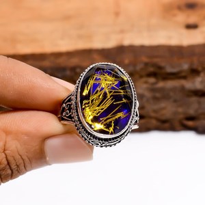 Anillo de cuarzo rutilado con zafiro azul hecho a mano en plata de ley 925 talla 8, joyería de piedras preciosas, regalo para mujer - Product Image 4