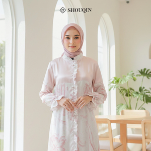 Shouqin Mazaya Muslim Women <b>Dress</b> Satin Silk & Barbara Silk Floral Print Front <b>Ruffle</b> & Nursing Friendly Modest Abaya Islam - Product Image 2
