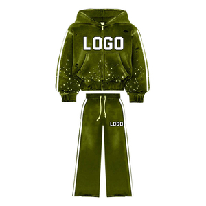 Conjunto Deportivo de Invierno para Hombre, Pantalones Acampanados y Sudadera con Cremallera, Estilo Oversize, Lavado Personalizado con Pedrería, Ropa Urbana Unisex para Exteriores - Product Image 5