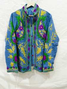 Veste bleue à col mandarin brodée, manches longues, broderie florale à la main, en coton, pour femme, longueur normale, printemps - Product Image 3